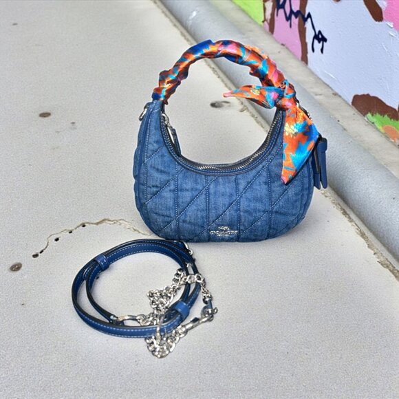 Coach Carmen Mini Bag CAK89 Blue Denim Quilted Silver Crossbody Handbag NWT - Picture 1 of 12